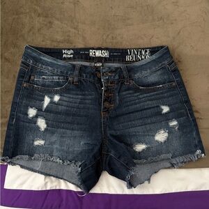 Rewash Vintage High Rise Distressed Jean Shorts - Dark Blue